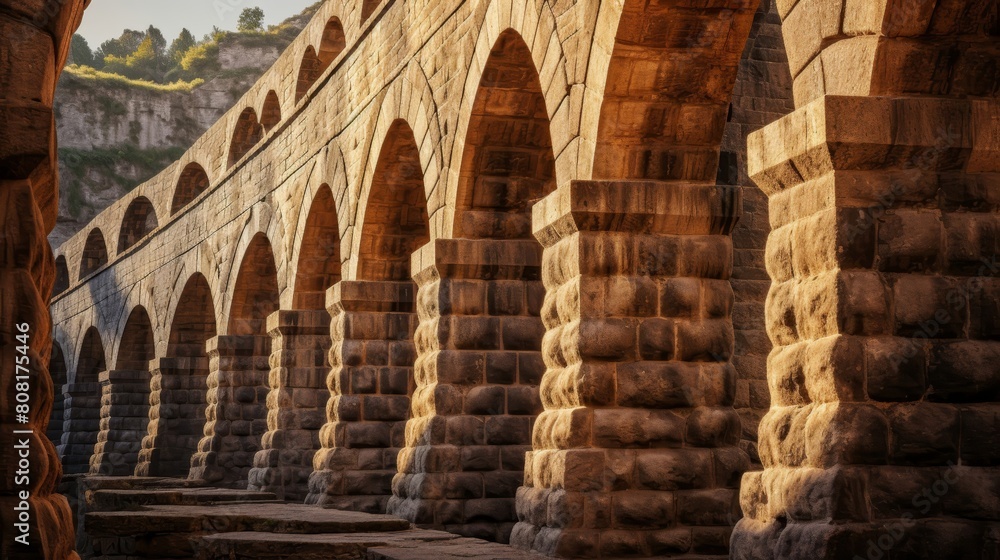 Obraz premium Roman aqueduct's network of stone channels and arches water flowing
