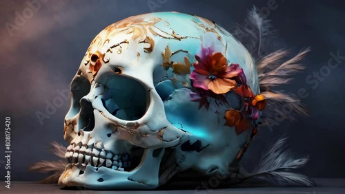 Painted skull with flowers. Concept of Day of the Dead, Halloween, Día de los Muertos, decorative art, seasonal decoration, festive design. Motion photo
