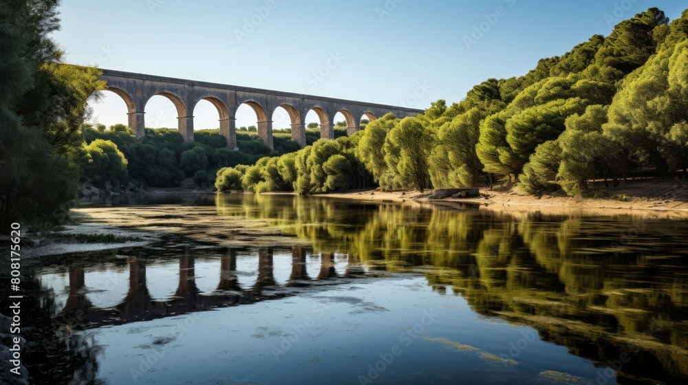 Roman aqueduct's reservoir water reflecting surrounding landscape