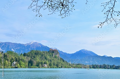 View of Bled Castle Near Lake Bled with Julian Alps as Background in Slovenia