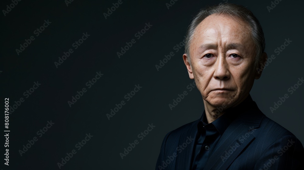 A serious-looking older man wearing a black suit and black shirt gazes into the camera A serious-looking older man wearing a black suit and black shirt gazes into the camera