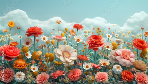 A vivid digital artwork featuring a dense field of various red flowers under a clear sky, depicting growth and vibrancy in nature