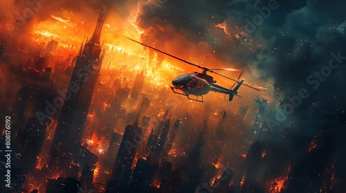 Helicopter flying over a Gothic city during a supernova event, dramatic escape amidst cosmic chaos