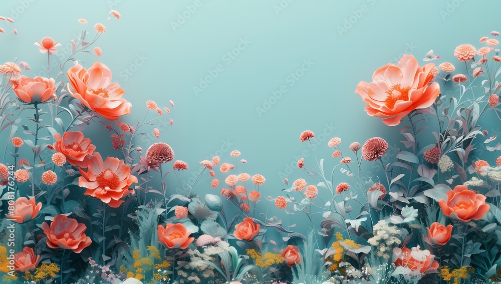 Delicate blossoms in shades of orange and coral set against a gentle blue background, expressing softness and a sense of calm Delicate blossoms in shades of orange and coral set against a gentle blue background, expressing softness and a sense of calm
