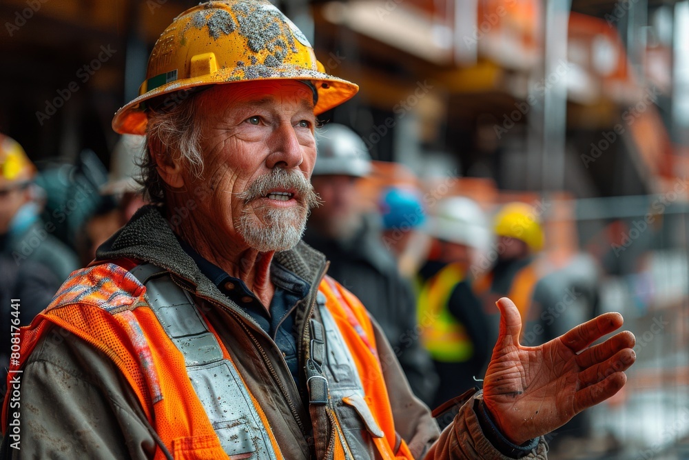 Mature construction worker in a hard hat and reflective vest, gesturing with his hand on a bustling construction site Mature construction worker in a hard hat and reflective vest, gesturing with his hand on a bustling construction site