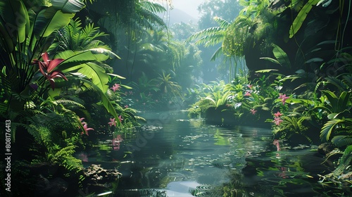 Lush jungle ecosystem animated in vivid detail, teeming with life and adventure, immersive and wild © Nawarit