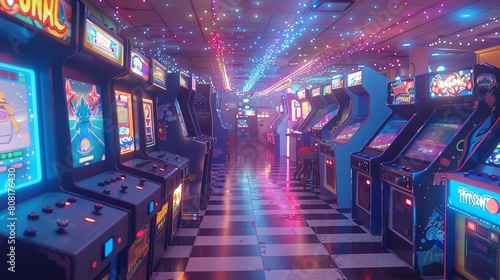 Joyful summer arcade scene with neon lights and rhythm games, a vibrant mix of fun and nostalgia
