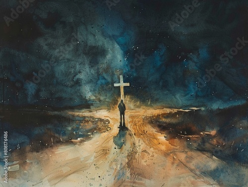 Man is condemned to be free  a person standing at a crossroads, watercolor photo