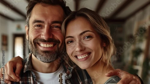 A cheerful couple holds a key, celebrating the joy of their new home, surrounded by a cozy, stylish interior.