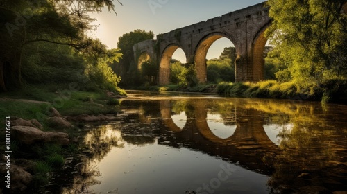 Roman aqueduct's majestic reflection in river displays architectural beauty