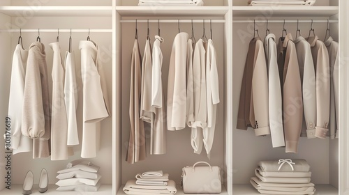 Tasteful Wardrobe of Carefully Curated Neutral Tone Clothing Items Showcasing a Minimalist Lifestyle and Versatile Outfit Planning photo