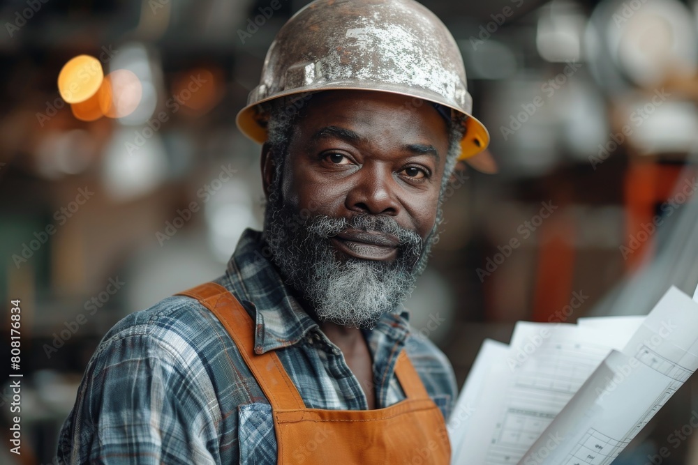 Older African American construction worker with blueprints at a building site Older African American construction worker with blueprints at a building site