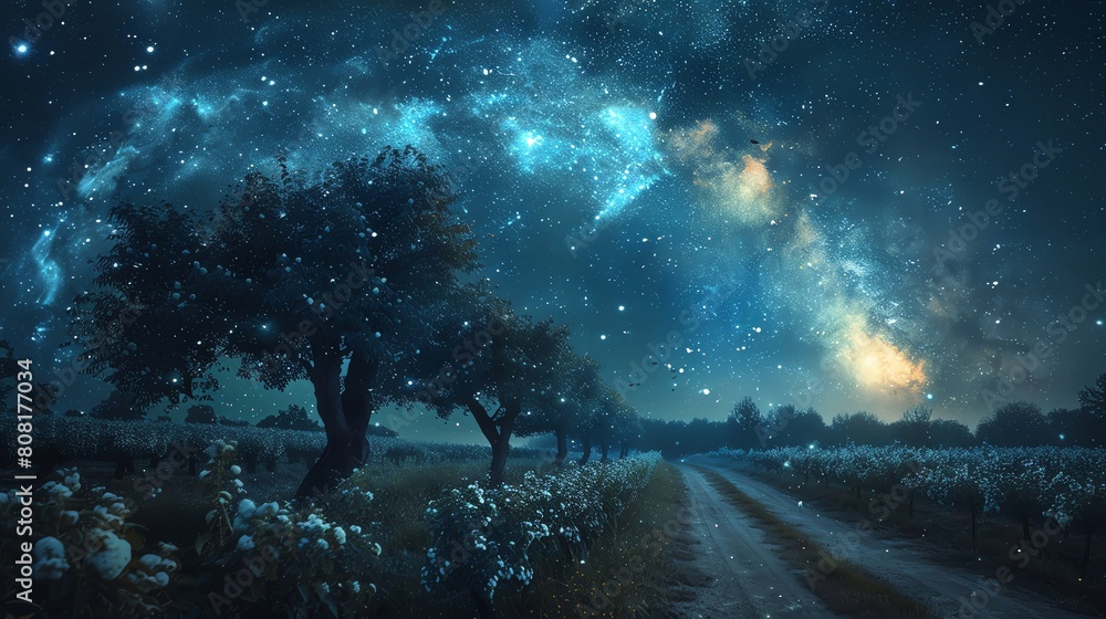 Orchard under a comet's tail at night, trees bathed in celestial glow, merging agriculture with astronomy