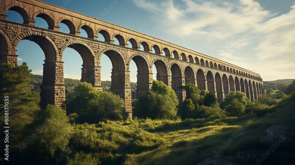 Obraz premium Roman aqueduct's monumental arches stretch into the horizon
