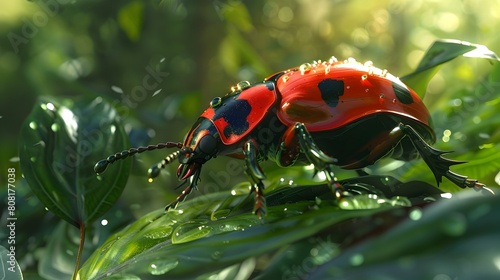 Vibrant Ladybug Crawling on Lush Green Leaf in Natural Environment
