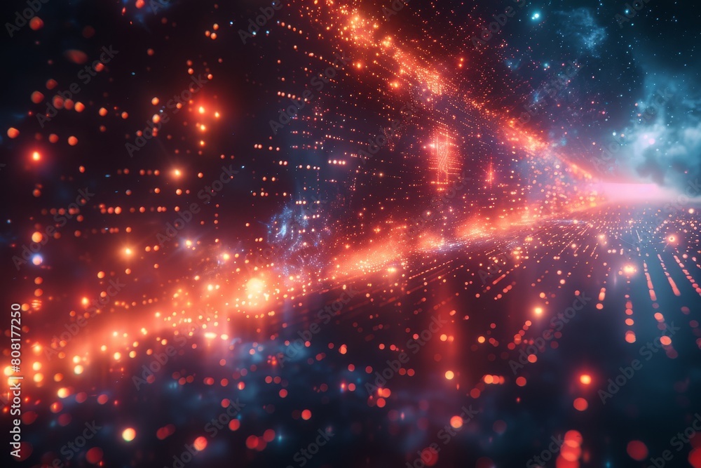 A digitally created space scene with bursts of light and red glowing particles resembling a cosmic explosion A digitally created space scene with bursts of light and red glowing particles resembling a cosmic explosion