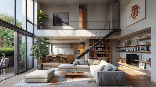 modern interior design  a minimalist metal railing lines the floating staircase leading to a mezzanine with a reading nook and home office  providing depth to the open layout