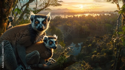 A vibrant digital painting capturing a family of lemurs migrating from the flooded forests of Madagascar in search of more sustainable habitat due to increased flooding and climate change.