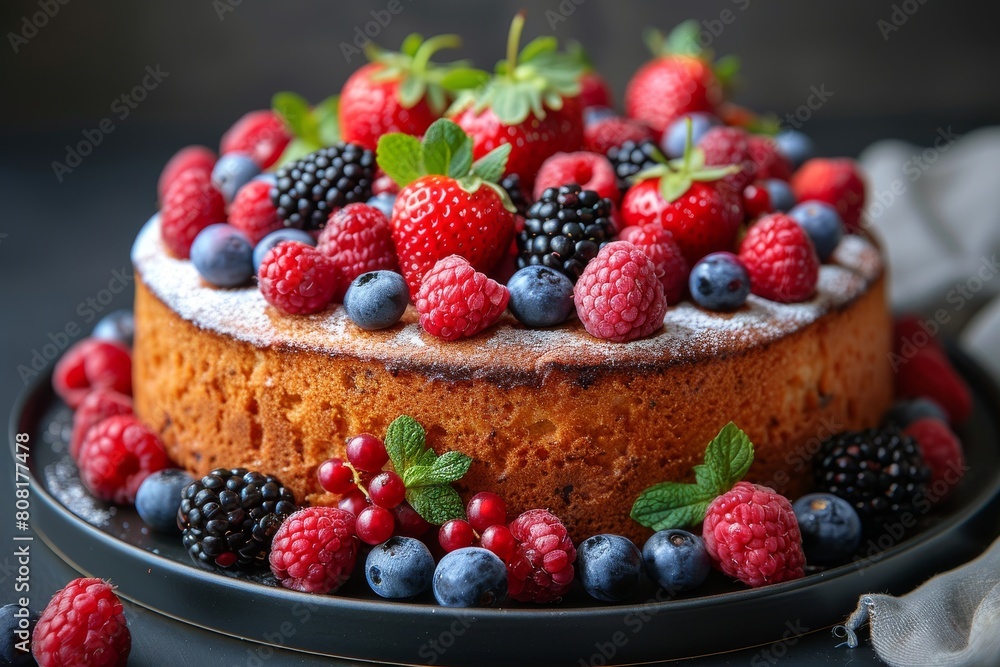 This image captures the delicious details of a sponge cake topped with berries, cream, and a dusting of sugar This image captures the delicious details of a sponge cake topped with berries, cream, and a dusting of sugar