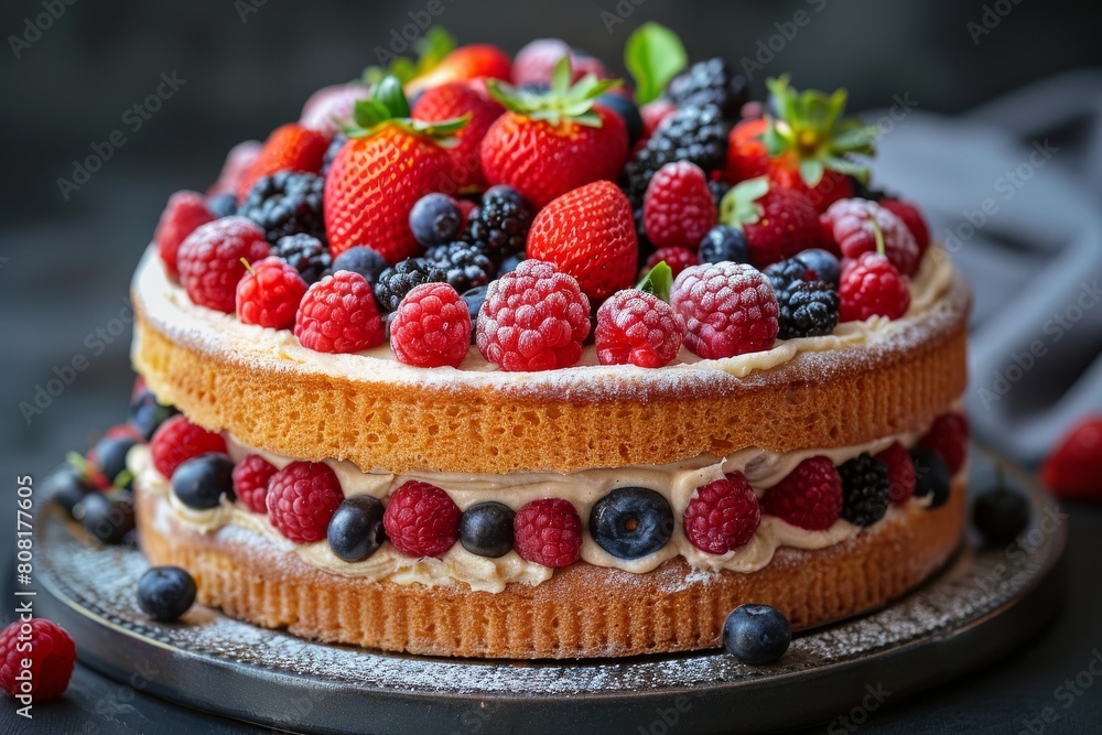 A delicious sponge cake layered with cream and decorated lavishly with mixed fresh berries on a rustic stand A delicious sponge cake layered with cream and decorated lavishly with mixed fresh berries on a rustic stand