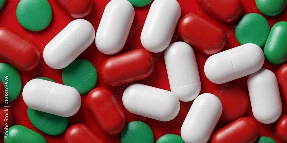 Pile of red, white and green pills as background. Pile of red, white and green pills as background.