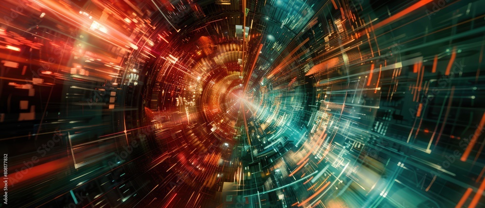 A futuristic tech abstract background is brought to life with bold red, cyan, and green colors. A futuristic tech abstract background is brought to life with bold red, cyan, and green colors.