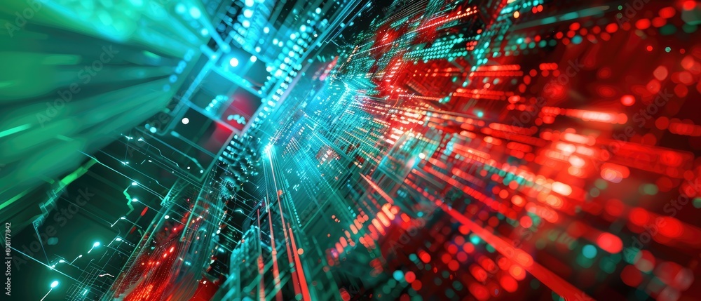 Red, cyan, and green colors combine to create a futuristic and abstract tech background. Red, cyan, and green colors combine to create a futuristic and abstract tech background.