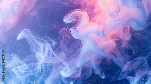 Smoke in swirling patterns of soft white and deep blue  subtly highlighted by a neon pink glow that adds warmth.