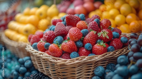 Vivid display of colorful fruits at a market stall