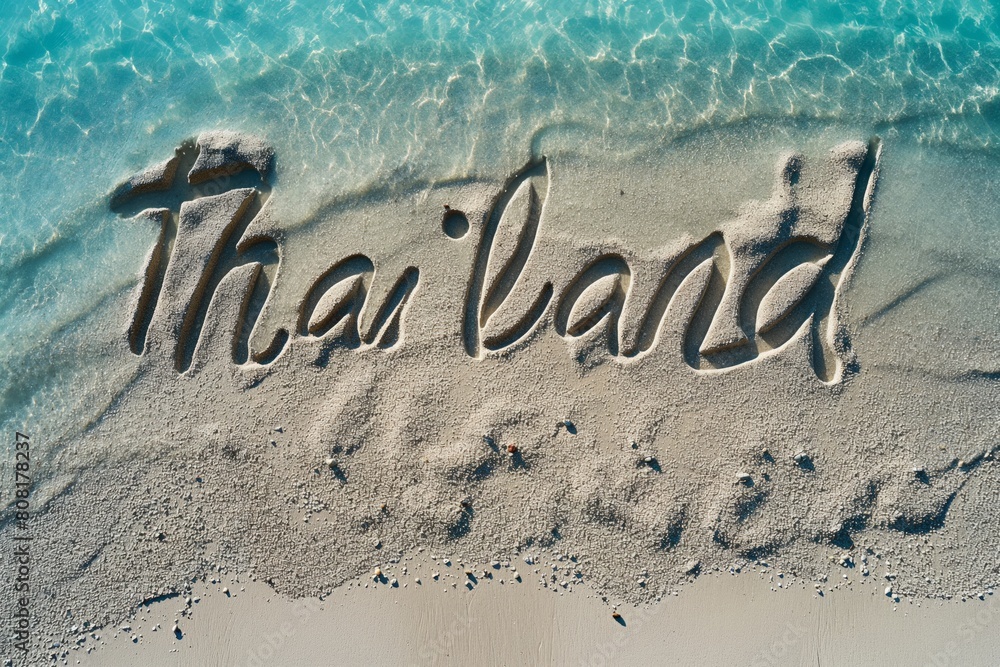 Fototapeta premium The word Thailand carved in the sand, washed by shimmering aqua waves