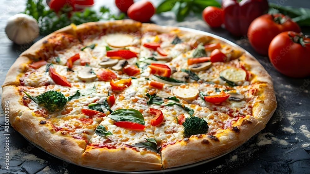 Vegetable-topped pizza against a dark background: Advertisement. Concept Food Photography, Pizza, Commercial Promotion, Dark Background, Appetizing Display Vegetable-topped pizza against a dark background: Advertisement. Concept Food Photography, Pizza, Commercial Promotion, Dark Background, Appetizing Display