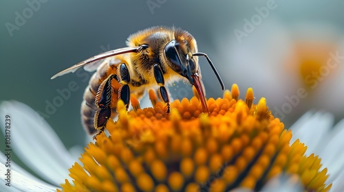 Busy Bee Pollinating Vibrant Orange Flower in Blooming Garden photo