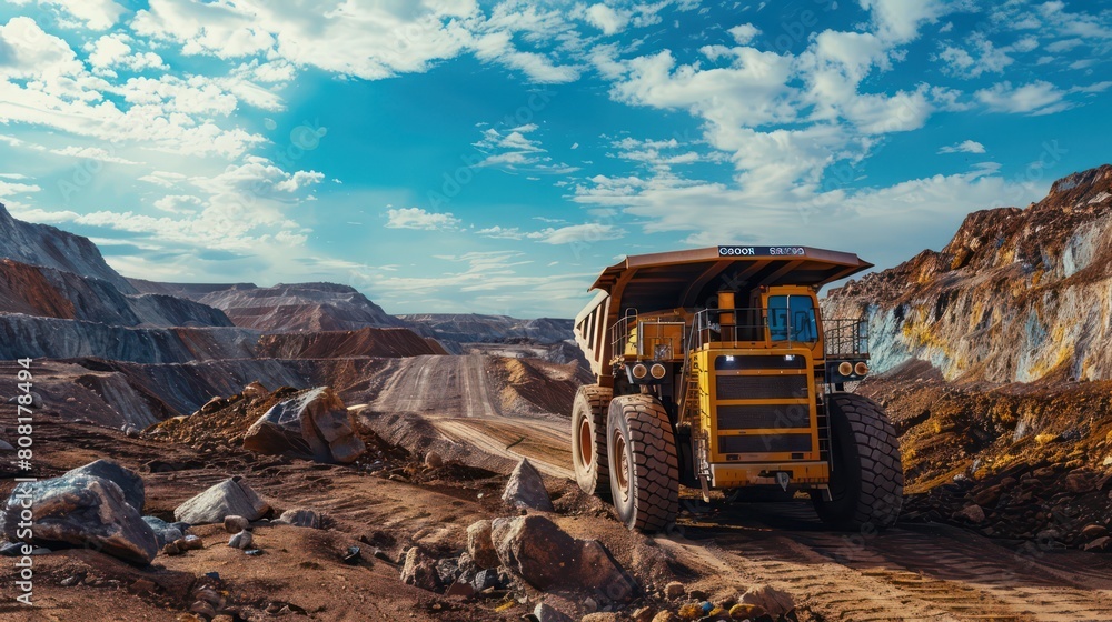 The image features a huge mining dump truck, highlighting industry, machinery, and the exploitation of natural resources in an open pit extraction site The image features a huge mining dump truck, highlighting industry, machinery, and the exploitation of natural resources in an open pit extraction site
