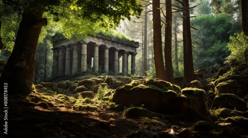 Temple nestled in forest sunlight filtering onto ancient stones photo