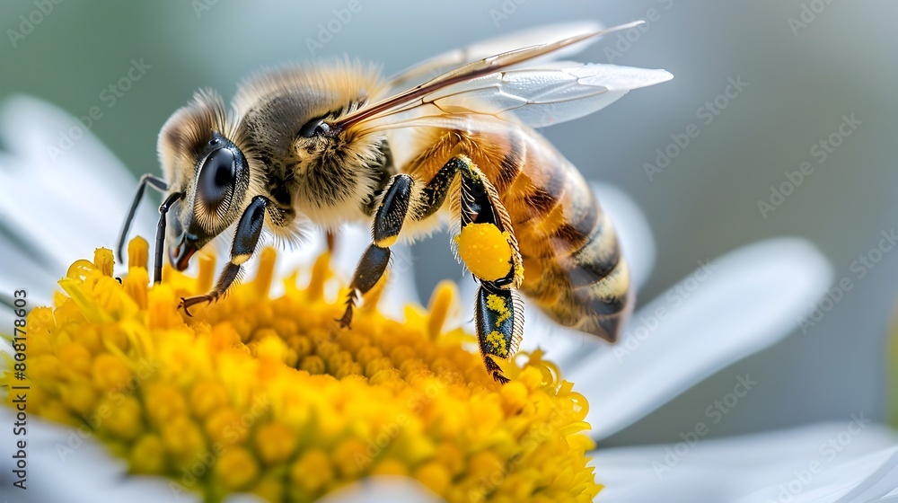Busy Bee Gathering Nectar from Vibrant Yellow Daisy Flower in Lush Natural Garden Busy Bee Gathering Nectar from Vibrant Yellow Daisy Flower in Lush Natural Garden
