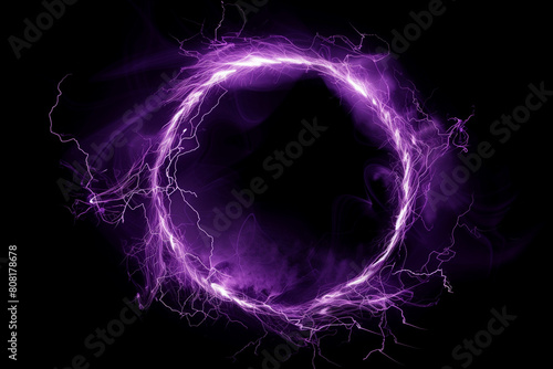 plasma glowing electric hologram isolated on transparent, circles lightning round frame portal layer overlay on black background