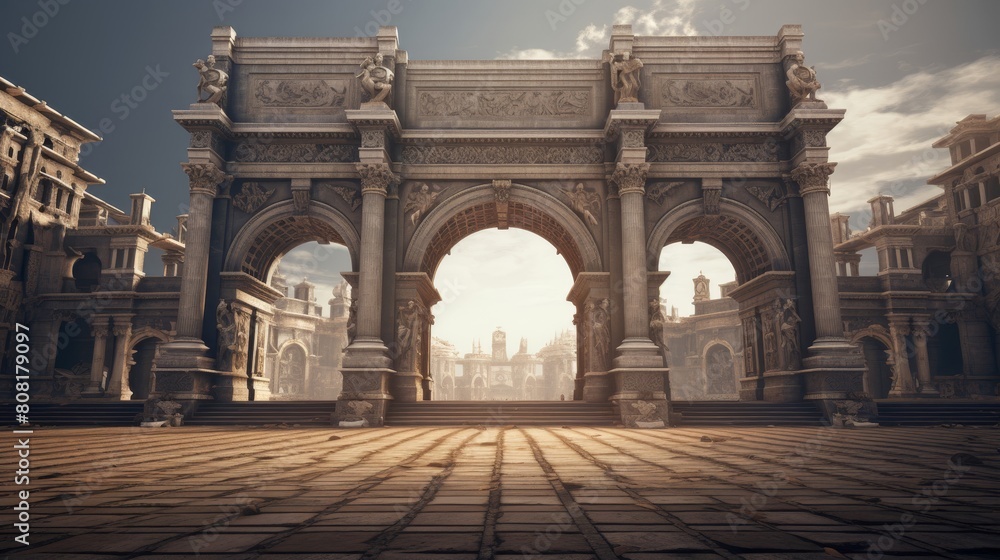 Fototapeta premium Grand entrance of Roman temple adorned with triumphal arch celebrating victory