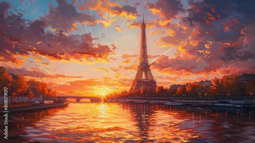 A hyperrealistic painting of the Eiffel Tower at sunset, with warm light reflecting on the Seine River