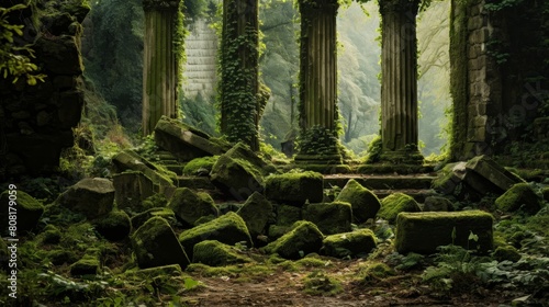 Ruins of Roman temple partially overtaken by nature ivy-covered columns and fallen stones photo