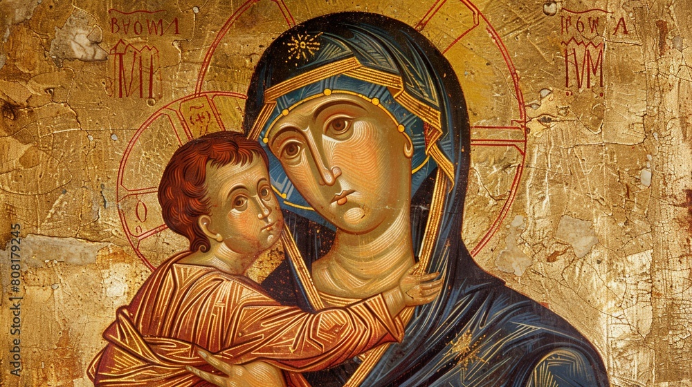 A traditional Byzantine icon of the Virgin Mary holding the baby Jesus, adorned with gold leaf and intricate details