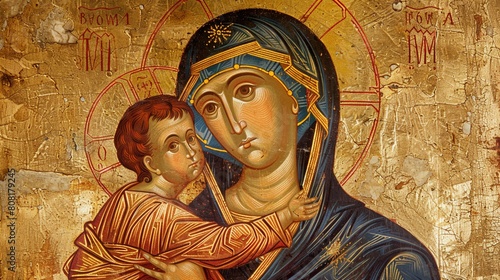 A traditional Byzantine icon of the Virgin Mary holding the baby Jesus, adorned with gold leaf and intricate details photo