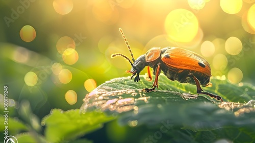 Vivid Beetle Crawling on Lush Green Leaf in Sunlit Natural Environment photo