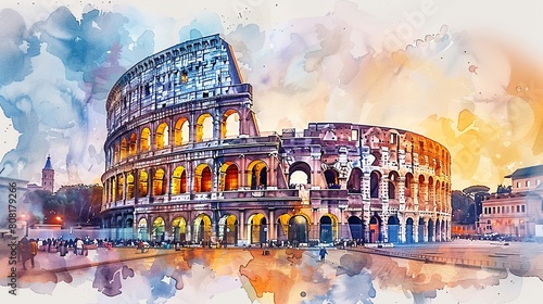 A watercolor painting of the Colosseum in Rome, capturing the ancient ruins and vibrant atmosphere of the Eternal City