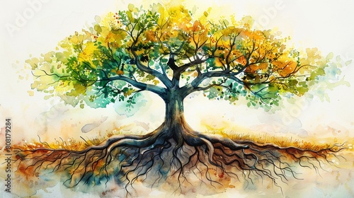 A tree with deep roots and spreading branches, representing growth, connection, and the cycle of life, watercolor