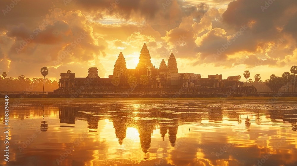 The sunrise over Angkor Wat, with golden light illuminating the temple complex and reflecting in the surrounding water