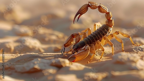 Venomous Desert Scorpion Lurking on Arid Ground with Threatening Pincers and Tail Ready to Strike photo