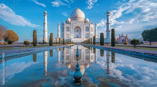 The Taj Mahal reflected in the still waters of the reflecting pool, creating a perfect symmetrical image