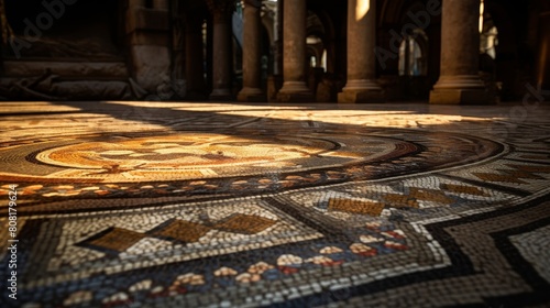 Intricate mosaic floor at Roman temple depicts scenes from ancient legends photo