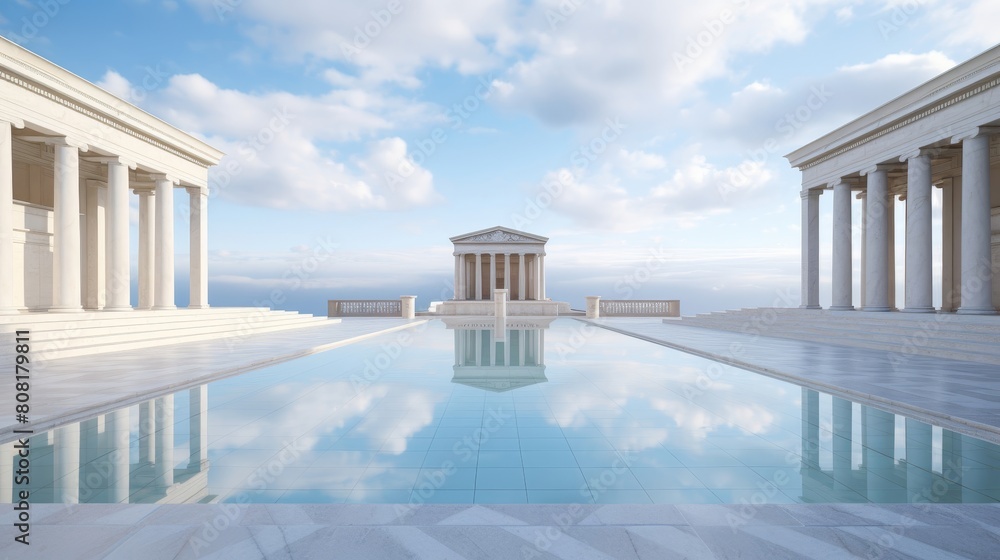 Fototapeta premium Reflective pool by a Roman temple mirroring heavens for serenity