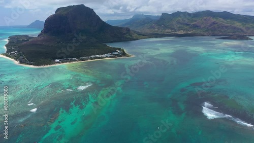 Aerial view of Mauritius island panorama and famous Le Morne Brabant mountain, beautiful blue lagoon and underwater waterfall. Aerial view of Le morne Brabant in Mauriutius. photo